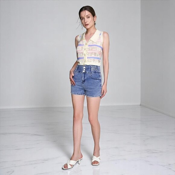 NWT J.ING Ivory Striped Button-Up Knitted Collar Vest One Size - Picture 7 of 7